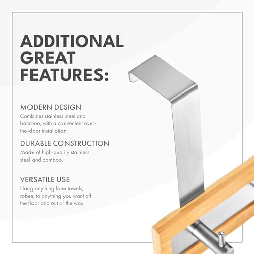 ToiletTree Products Bamboo Stainless Steel Over-the-Door Towel Hooks - Durabl...