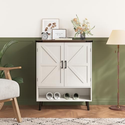 Vabches 34" Tall Farmhouse Shoe Storage Cabinet with Doors, White