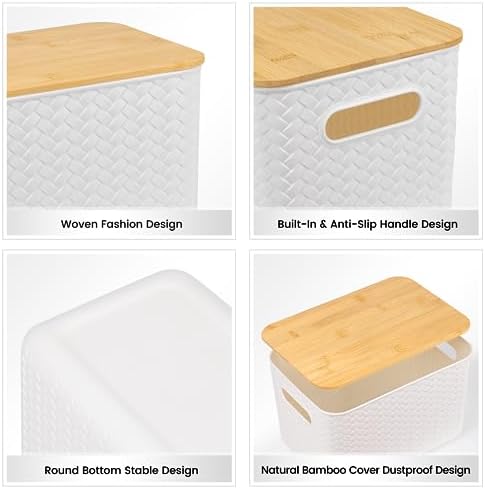 Ohmlove 4 Pack Storage Bins with Bamboo Lids,Stackable Box for Organization
