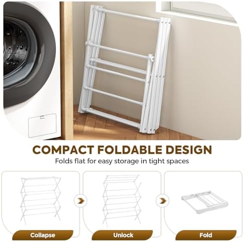 KINGBOARD Clothes Drying Rack, 3-Tier Foldable Extendable, White