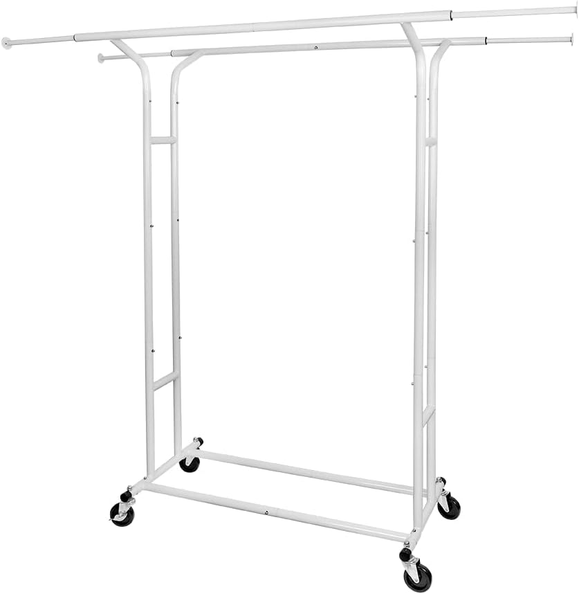 White 60" H Heavy Duty Double Rod Rolling Garment Clothes Rack