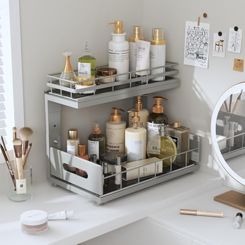 Under Sink Organizer Upgrade To Professional Rails,2-Tier Dual Pull Out Cabin...