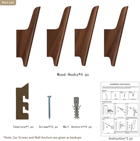 Wood Wall Hooks 4 Pack Coat Hooks Wall Mount, Towel Hooks for Bathrooms