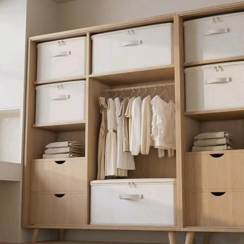 [3 Pack] Beige Cotton Linen Collapsible Storage Bins for Home Organization, W...