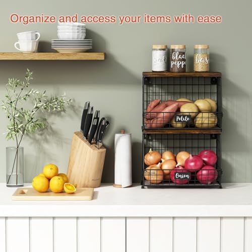 Goozii Hanging Wall Fruit Basket for Kitchen Counter 2 Pack, Stackable Wire B...