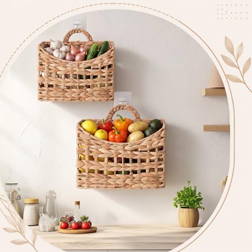 Mifoci 2 Pcs Wicker Hanging Wall Basket Woven Basket Natural Water Hyacinth
