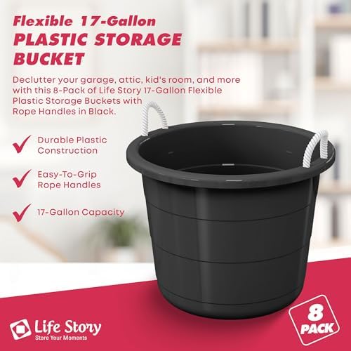 Life Story 8 Pack Flexible Plastic Storage Bucket Container, 17 Gal, Black