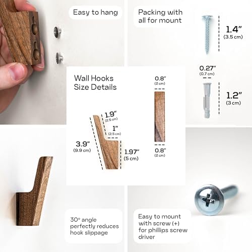 Wall Hooks - Set of 4 - Dark Walnut or Light Ash Wood Coat Hooks for Hanging ...