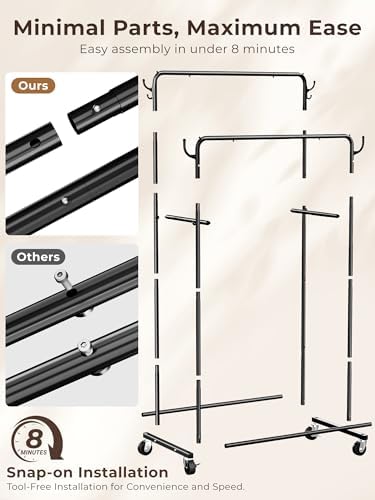 Clothes Rack, Rolling Clothing Rack with Double Rods for Hanging Clothes, Por...