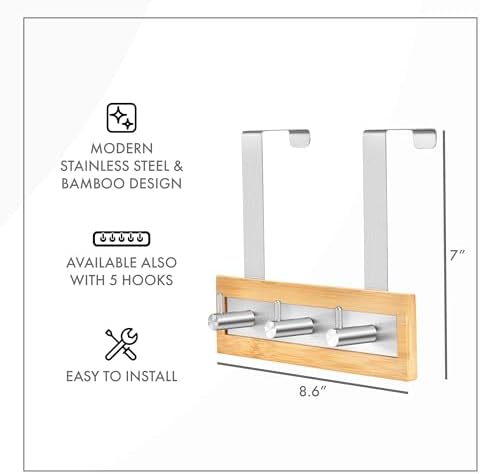 ToiletTree Products Bamboo Stainless Steel Over-the-Door Towel Hooks - Durabl...