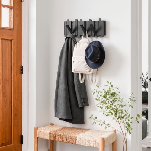 Wall Coat Rack for Entryway: Folding Wood 8 Hooks for Small Space