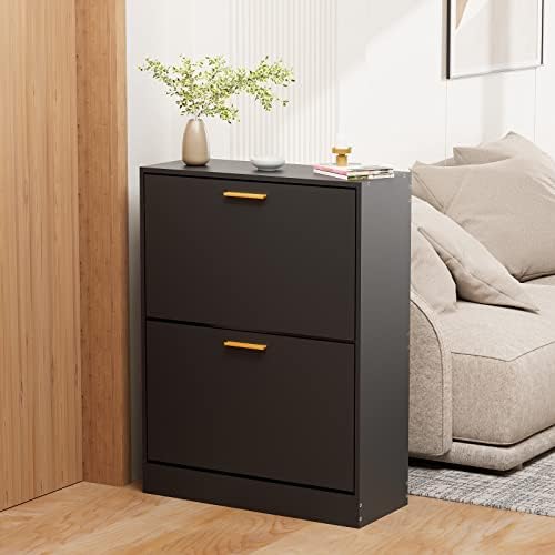 JOZZBY Shoe Cabinet Storage Set of 2 with 2 Flip Drawers, Black丨Slim Freestan...