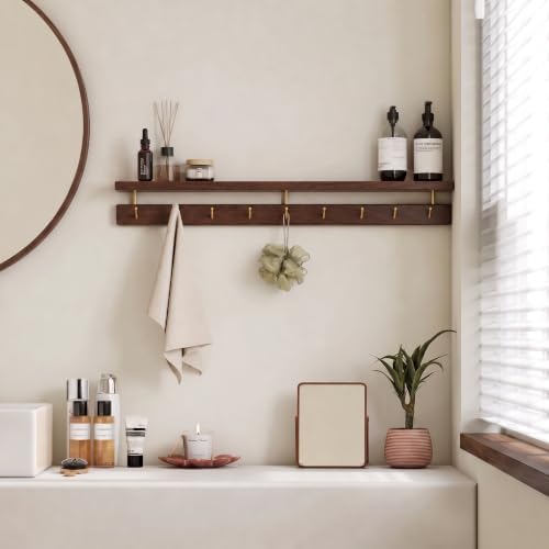 Walnut Wall Hooks with Shelf, Coat Rack Wall Mount, Entryway Hanging Shelf wi...