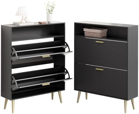 LYNSOM Entryway Shoe Cabinet Set of 2 with 2 Flip Drawers and Open Storage, B...