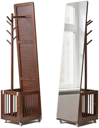 Solid Wood Rolling Coat Rack full length mirror with Storage Basket, Freestan...