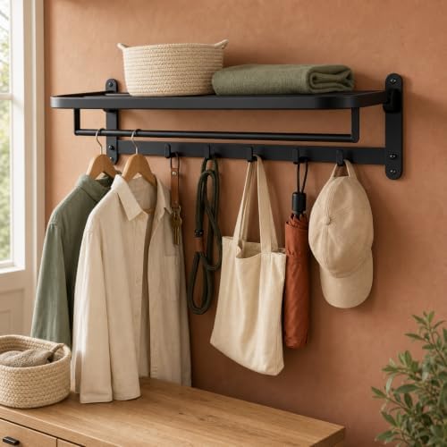 ROSHAN 24 Inch Foldable Towel Rack with Shelf, Wall Mounted, Matte Black