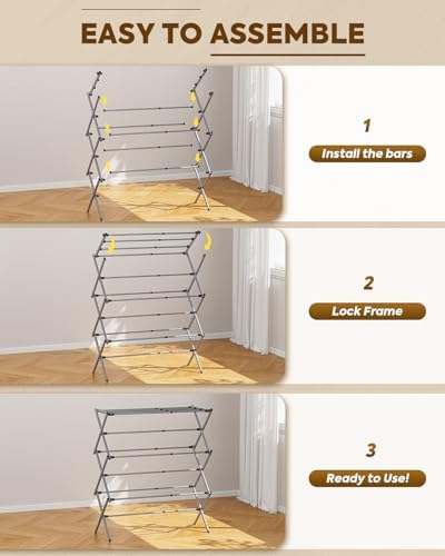 KINGBOARD Clothes Drying Rack, 3-Tier Foldable Extendable, Grey