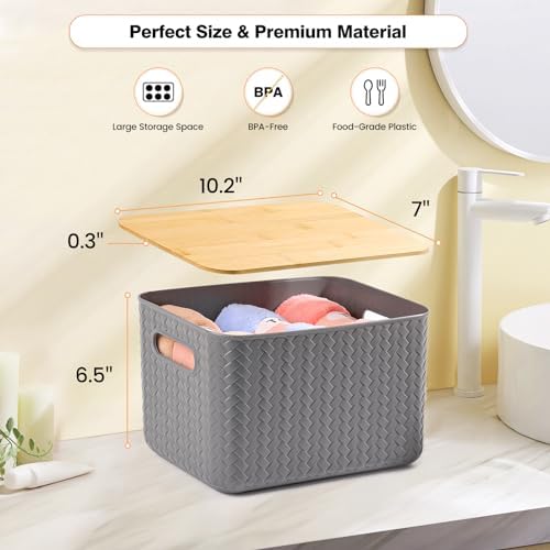 Ohmlove 4 Pack Storage Bins with Bamboo Lids,Stackable Box for Organization