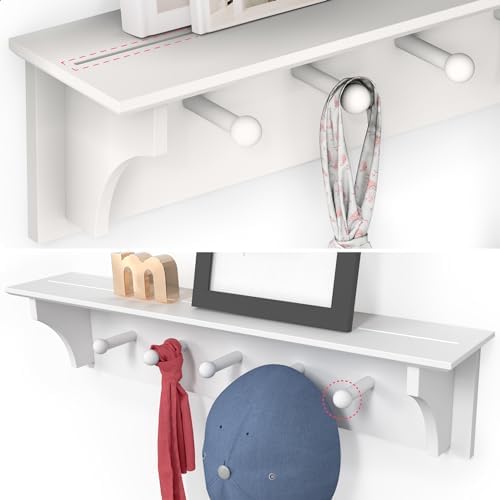 Ballucci Floating Coat and Hat Wall Shelf Rack, 5 Pegs Hook, 24", White