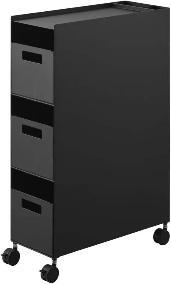 Yamazaki 10016 Tower 3-Tier Storage Rack with Baskets and Wheels, Black, Stee...