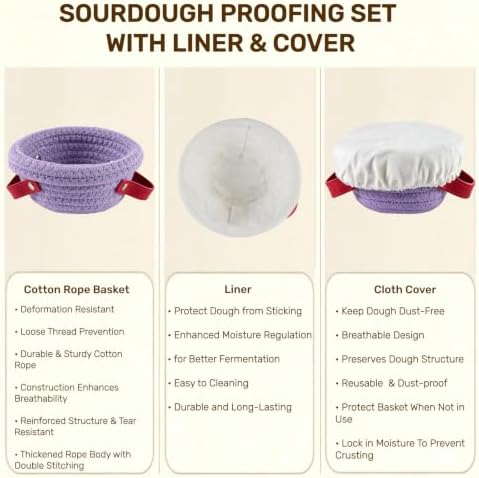 4 Pack Cotton Rope Sourdough Proofing Basket Set with Liners Covers Handles