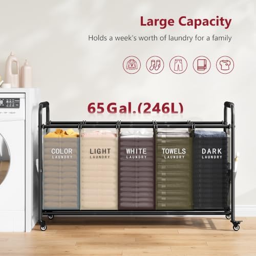 Tajsoon 5 Bag Laundry Sorter Cart, Laundry Hamper 5 Section, 5 Colors