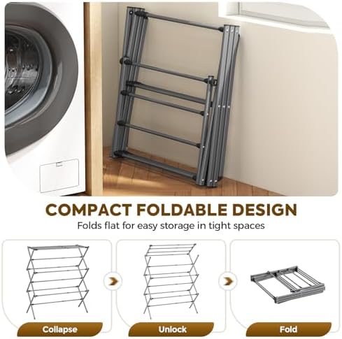 KINGBOARD Clothes Drying Rack, 3-Tier Foldable Extendable, Grey