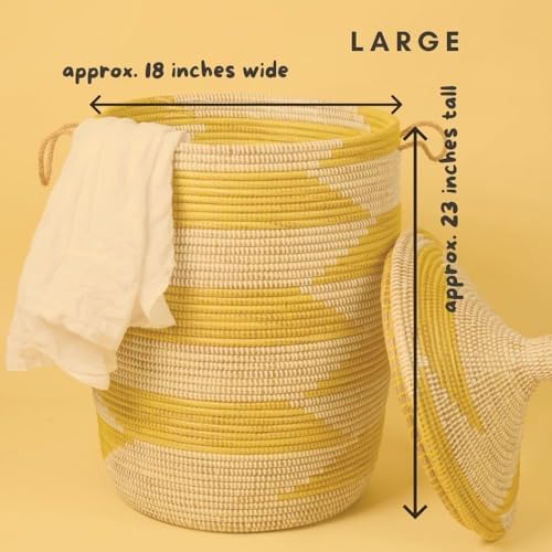 Large Woven Storage Basket, Yellow and White Senegal Wicker Basket for Towels...