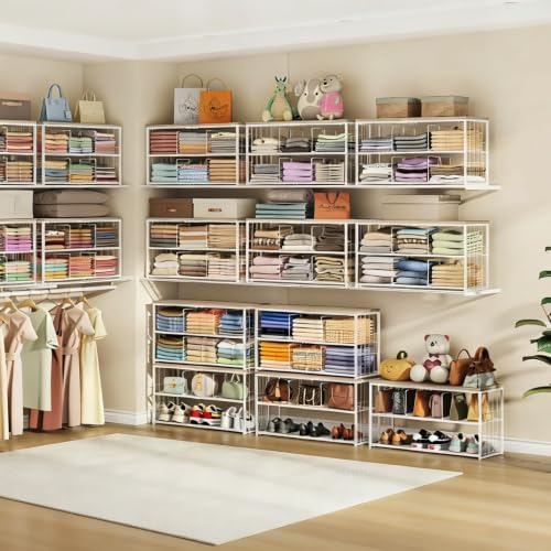 Wood‑Top Closet Clothes Organizers and Storage Shelf with Adjustable Dividers...
