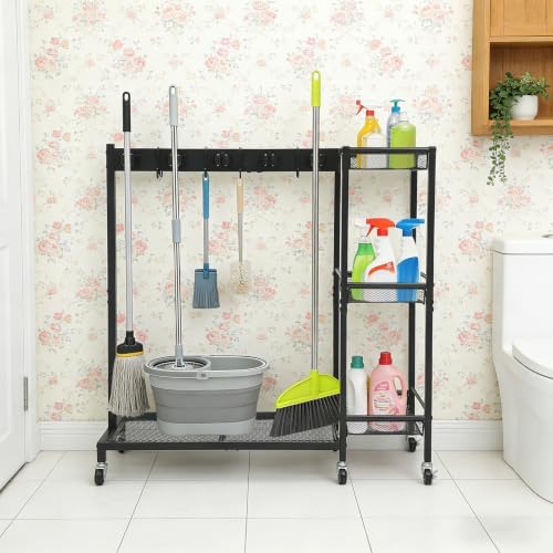 Broom Holder with Cleaning Supplies Organizer, Freestanding, Black