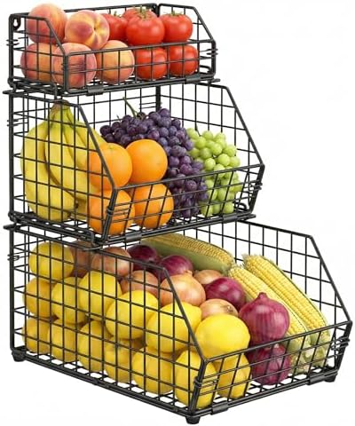 3-Tier Fruit Basket for Kitchen Counter, Stackable Wire Baskets Wall, Potato ...