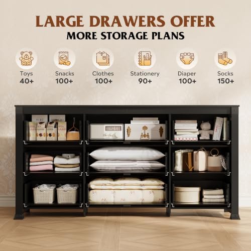 WLIVE 9 Drawer Dresser Black, 62" Wide Wooden Chest with Anti-Tip Structure