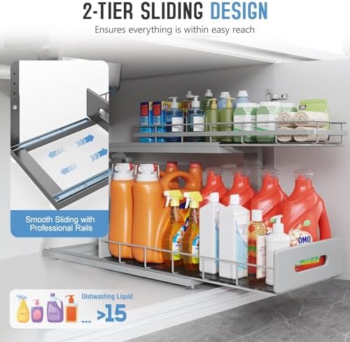 Under Sink Organizer Upgrade To Professional Rails,2-Tier Dual Pull Out Cabin...