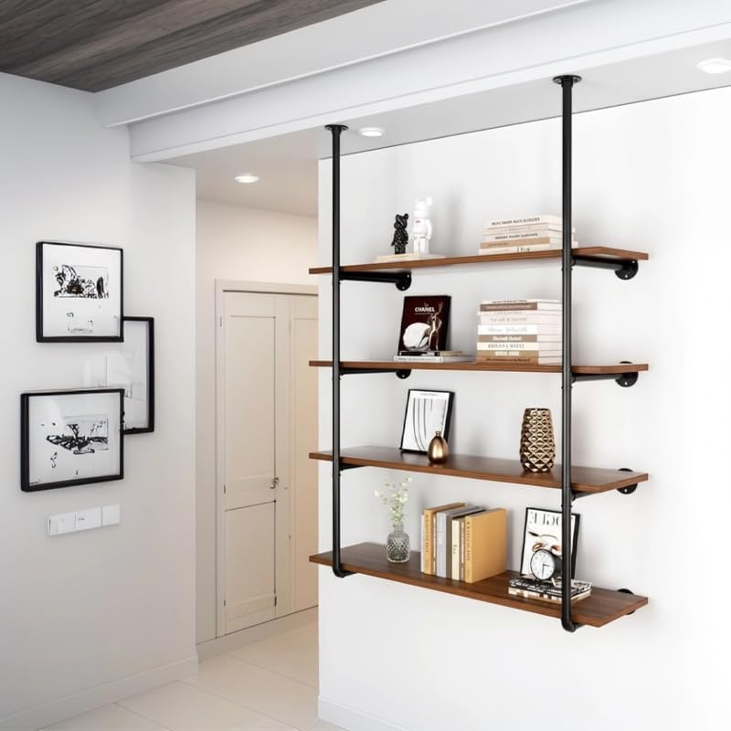 Industrial Pipe Shelving System with 4 Tiers, Black Iron Wall Mount, Floor to...