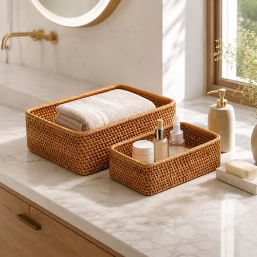ZENFUN 3 Pack Natural Rattan Storage Baskets, Rectangular Woven Fruit Baskets...