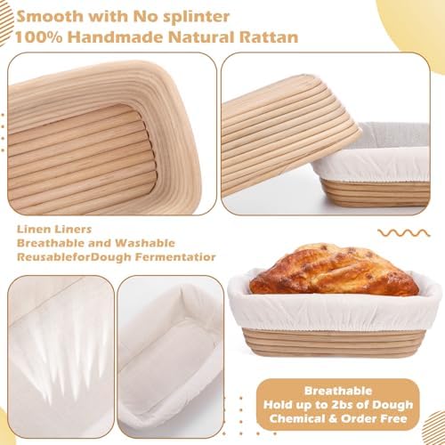 Nuogo 4 Pcs Rectangle Banneton Proofing Basket Set 10 Inch with Liner