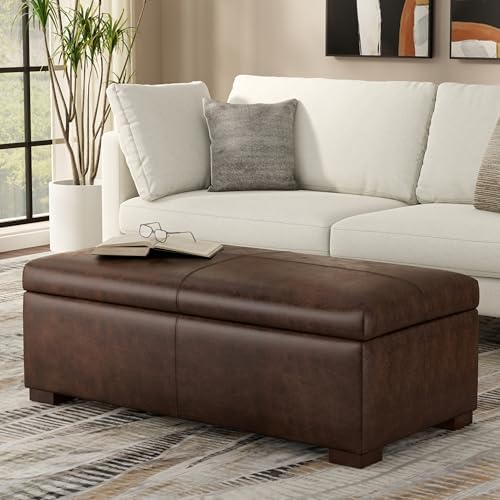 SIMPLIHOME Gabbie 48" Wide Vegan Leather Storage Ottoman in Chestnut Brown