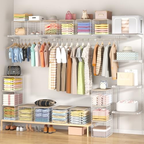 Hencawima Extra-Deep 4 Pack Closet Shelf Organizer with Wooden Top, Stackable...