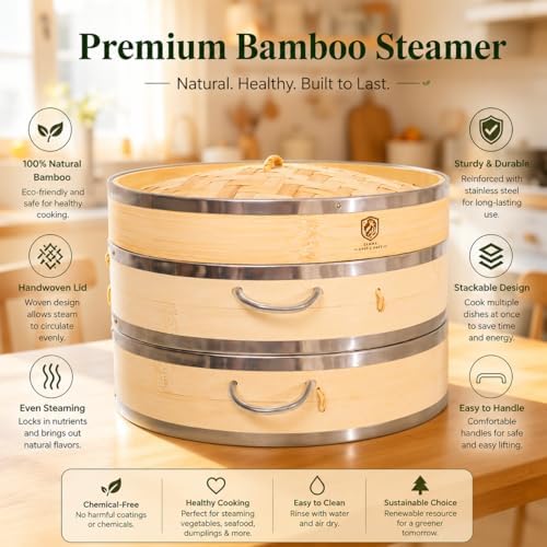 2-Tier Bamboo Seafood Steamer Basket 10 Inch for Cooking Dumplings, Vegetable...