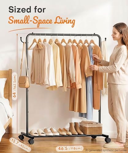 Homde Portable Clothes Rack for Bedroom: 4 Lockable Wheel Move Room-to-Room