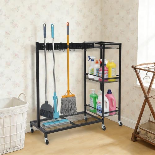 Broom Holder with Cleaning Supplies Organizer, Freestanding, Black