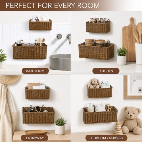 AceList Hanging Wall Basket with Removable Dividers, Set of 2 Woven Storage B...
