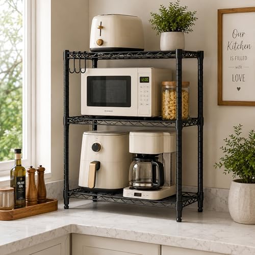 Folews 3-Tier Metal Storage Shelf, Adjustable Wire Shelving Unit, Black