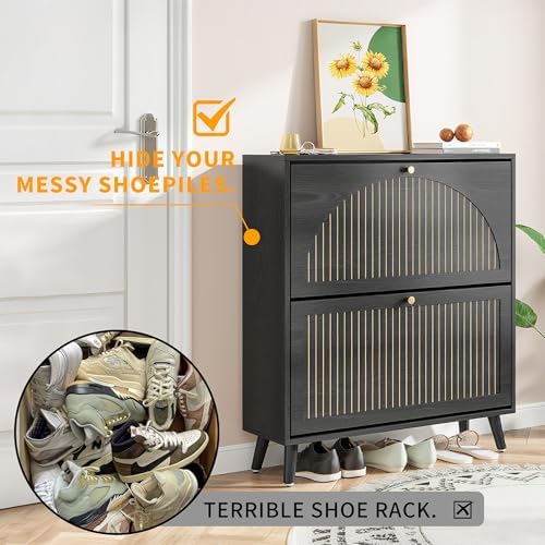 Fsbecl Shoe Storage Cabinet for Entryway with 2 Fluted Flip Drawers,Black
