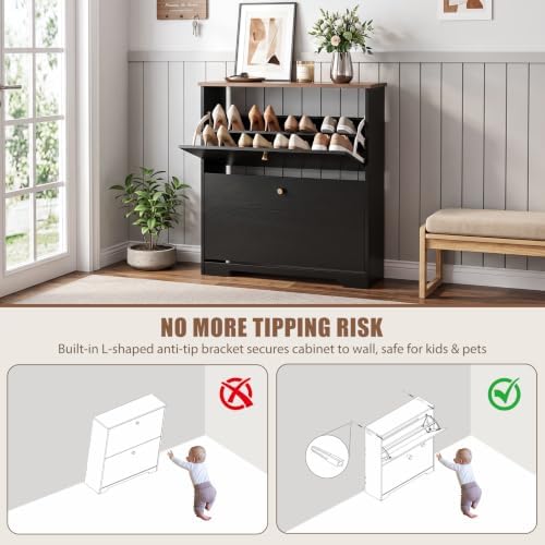 Nicetree Shoe Cabinet, 2 Flip Drawers Slim Black Walnut Top Entry Storage