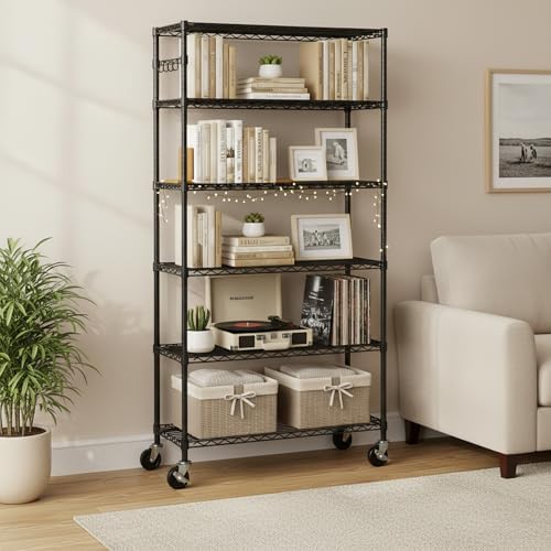 Folews 6-Tier Metal Storage Shelf with Wheels NSF Wire Shelving Unit, Black