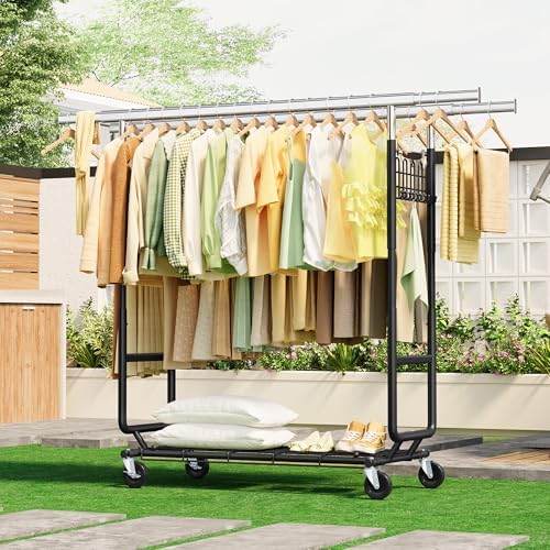 Gewudraw Clothes Rack Heavy Duty Load 900 Lbs with Wheels, Double Rod,Black
