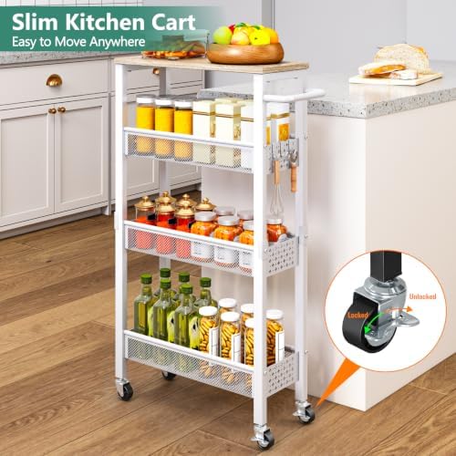 Vivihomety 4-Tier Slim Utility Rolling Laundry Cart with Wheels, Metal