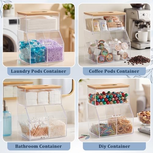 Juexica 3 in 1 Acrylic Laundry Containers for Organizing with Bamboo Lid
