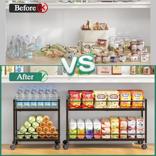 2-Tier Expandable Rolling Pantry Cart with Wheels, Adjustable Floor Organizer...